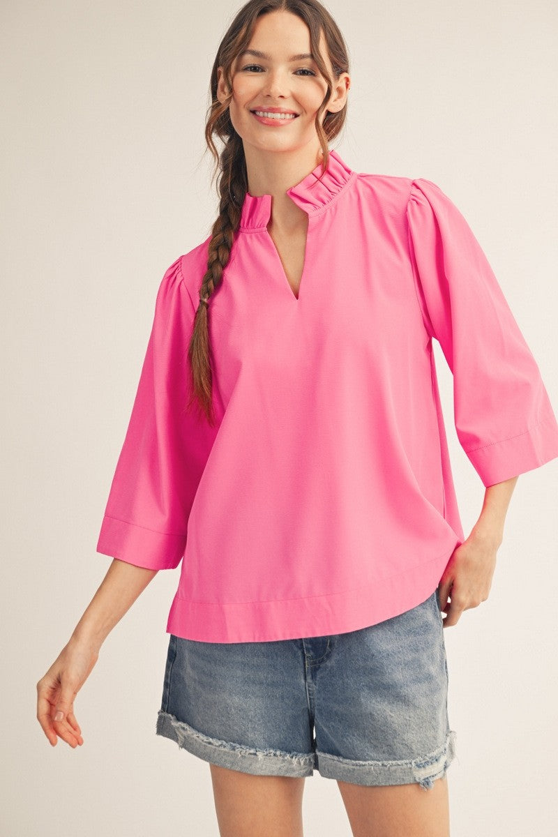 V NECK TOP WITH RUFFLE SLEEVES