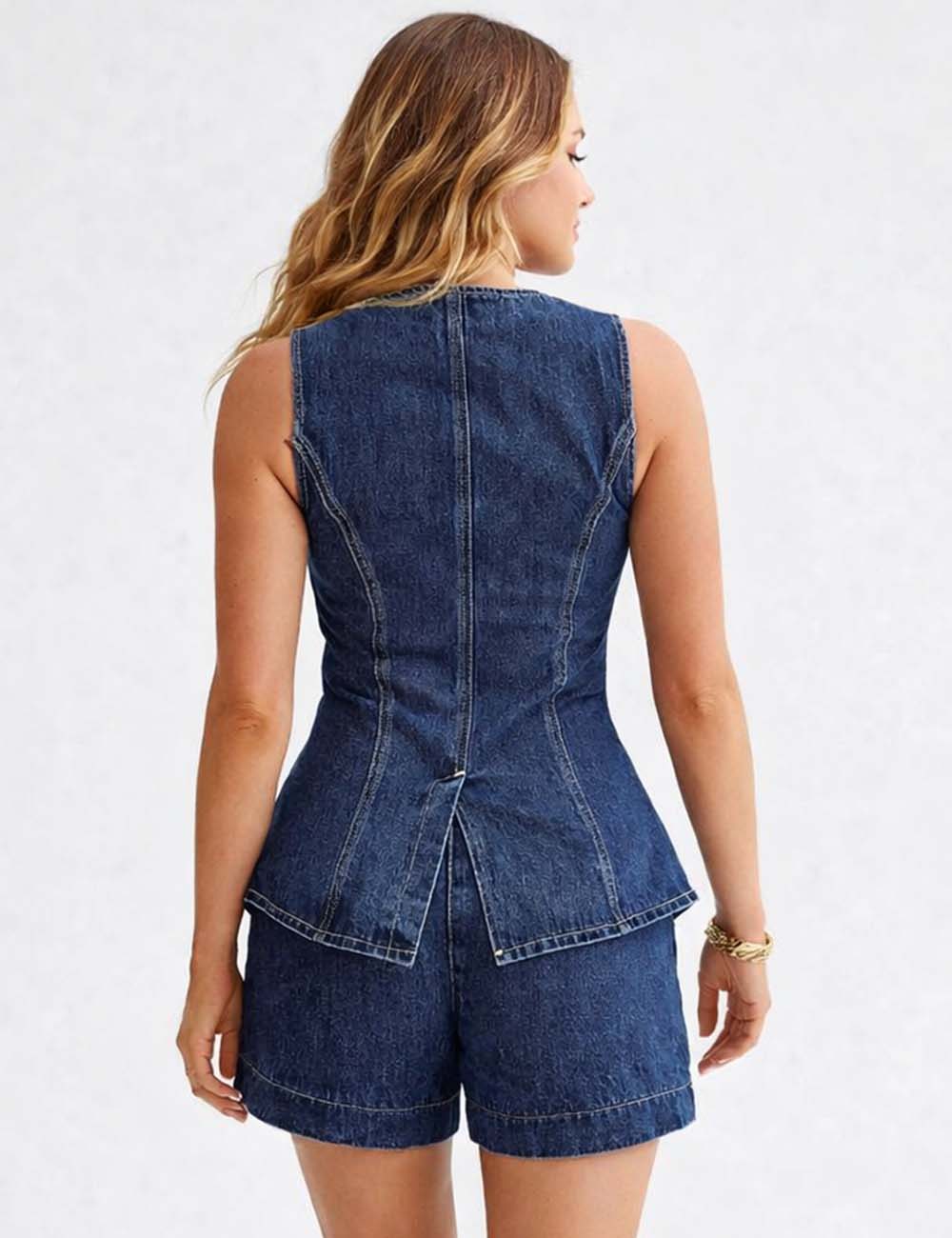 Ladies Sleeveless Button Front Denim Vest & Shorts Matching Set: Dark Blue