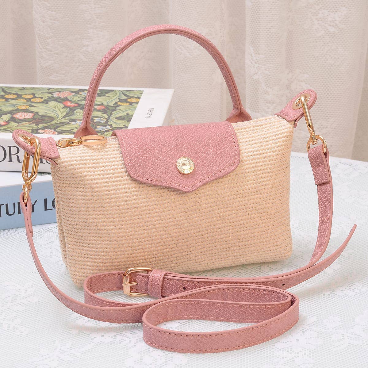 SC781 Lacey Straw Look Woven Fabric Mini Crossbody Bag: Charcoal