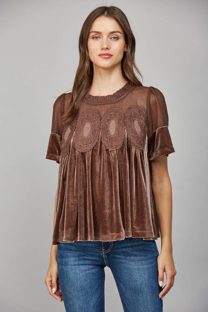 LACE DETAIL VELVET BABYDOLL TOP FT25474 : TEAL GREEN / M