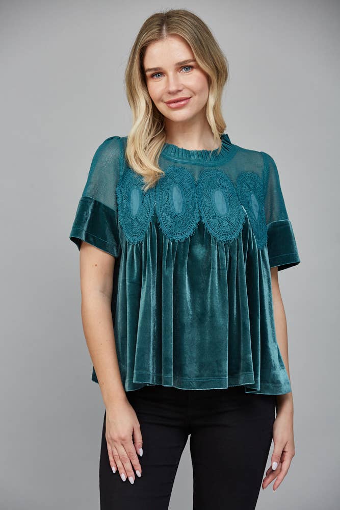 LACE DETAIL VELVET BABYDOLL TOP FT25474 : TEAL GREEN / M