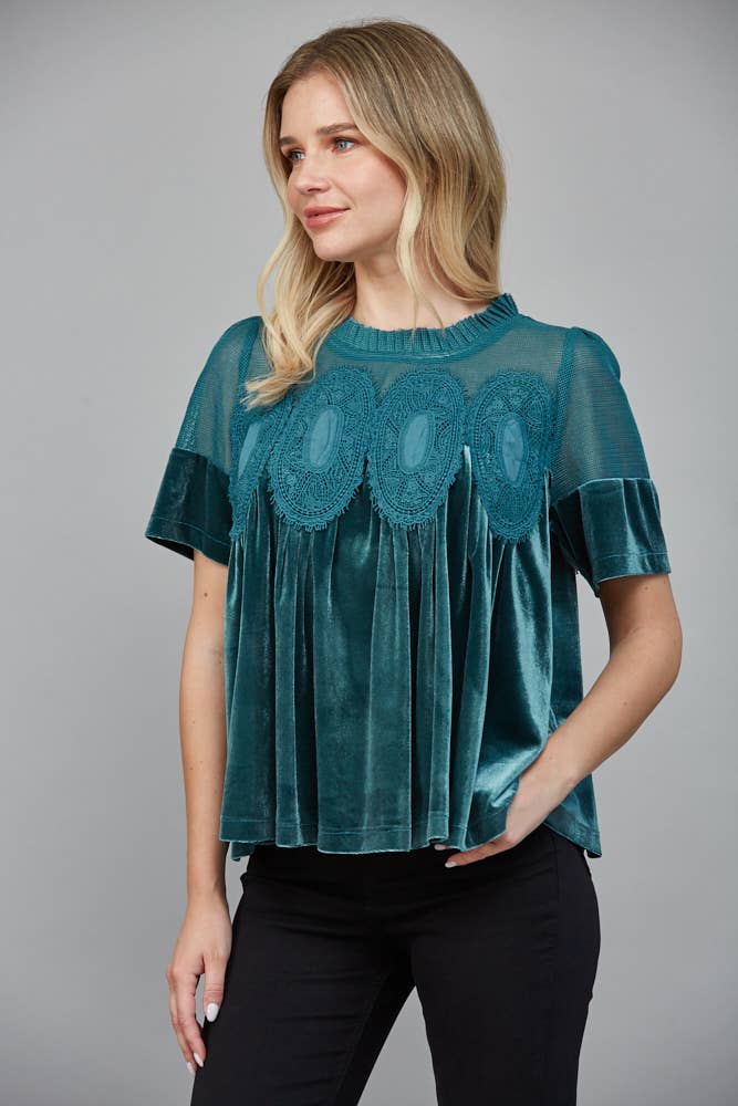 LACE DETAIL VELVET BABYDOLL TOP FT25474 : TEAL GREEN / M