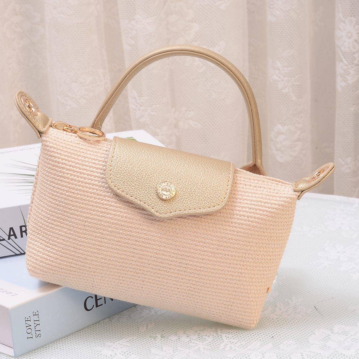 SC781 Lacey Straw Look Woven Fabric Mini Crossbody Bag: Charcoal