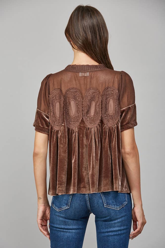 LACE DETAIL VELVET BABYDOLL TOP FT25474 : TEAL GREEN / M