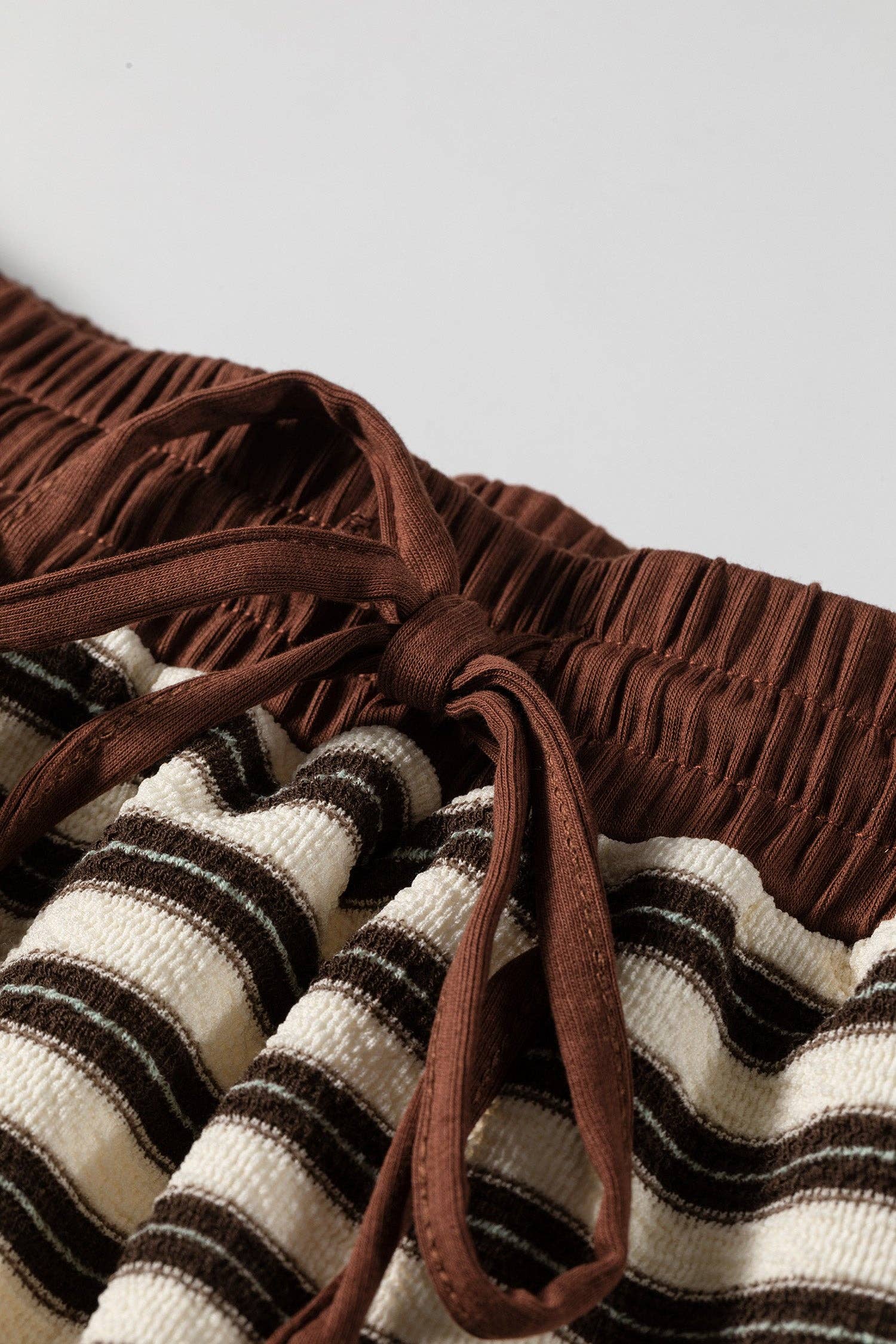 PRETTY BASH Stripe Buttoned Polo Collar Top & Skirt Set: Brown Stripe / M
