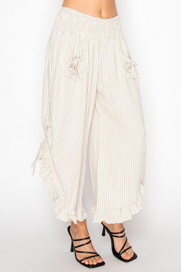 BEIGE PINSTRIPE ELASTIC WAIST BLOOMER PANTS