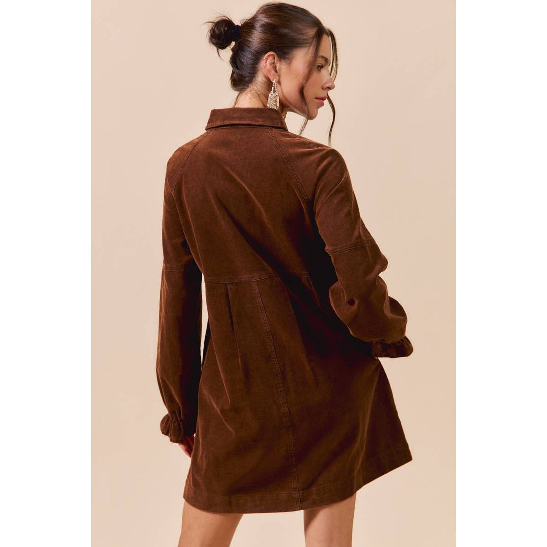 WASHED CORDUROY BUTTON DOWN SHIRT MINI DRESS: BROWN / XL