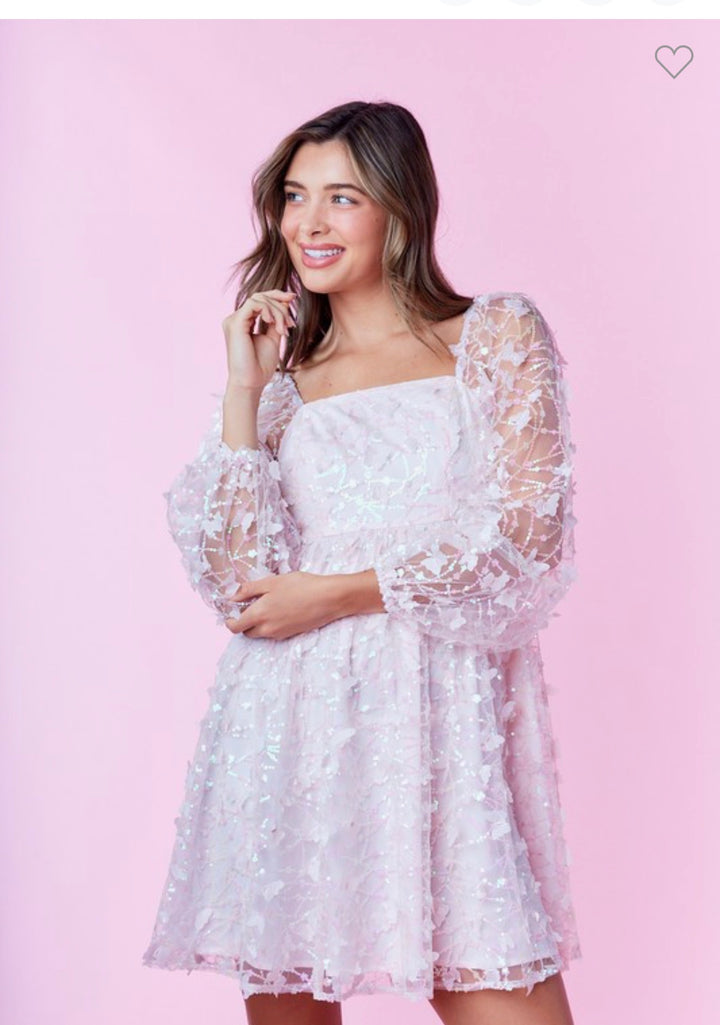 BUTTERFLY SEQUINS MESH BABYDOLL DRESS