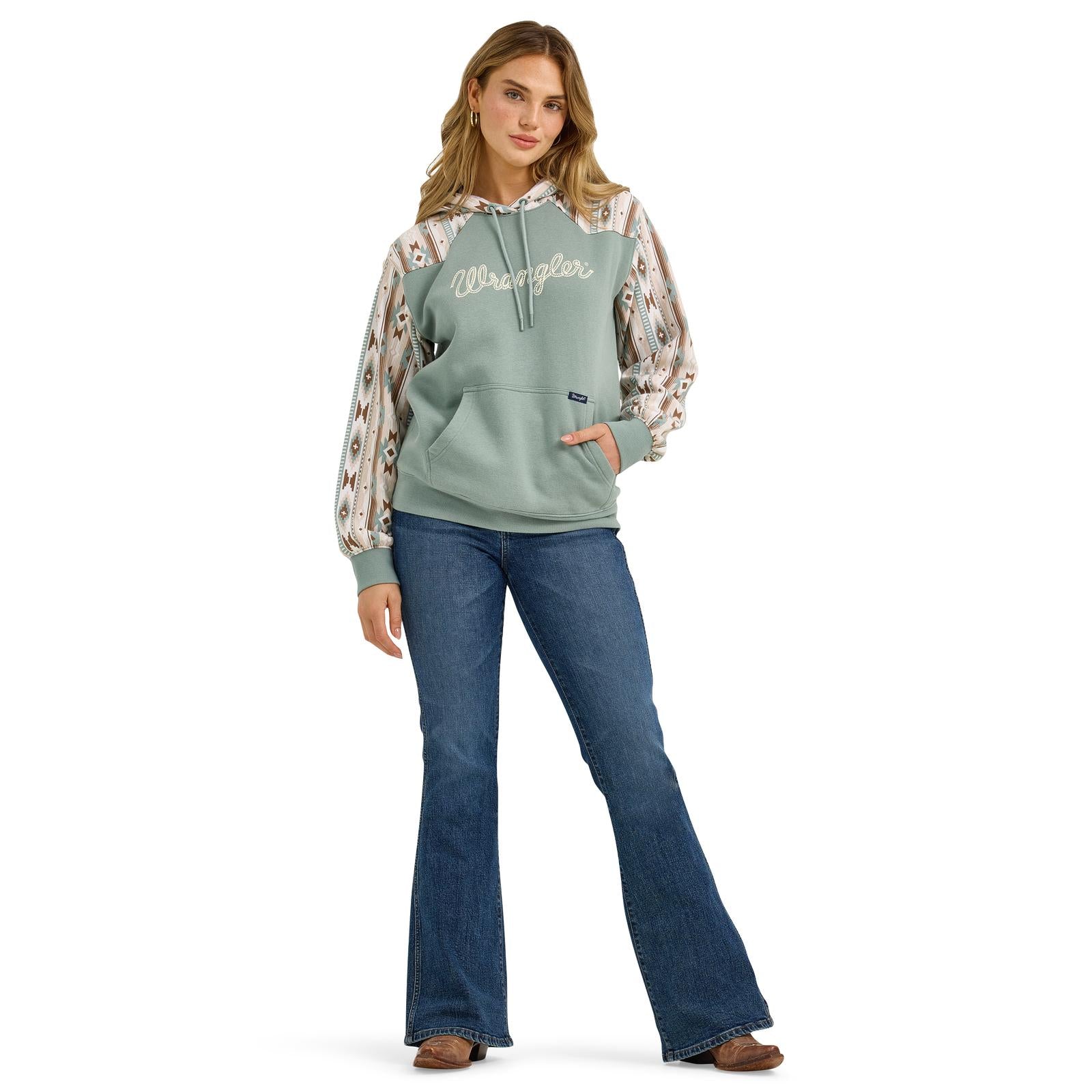 Wrangler® Women’s Retro Southwestern Yoke Pullover Hoodie – Green (112367330)