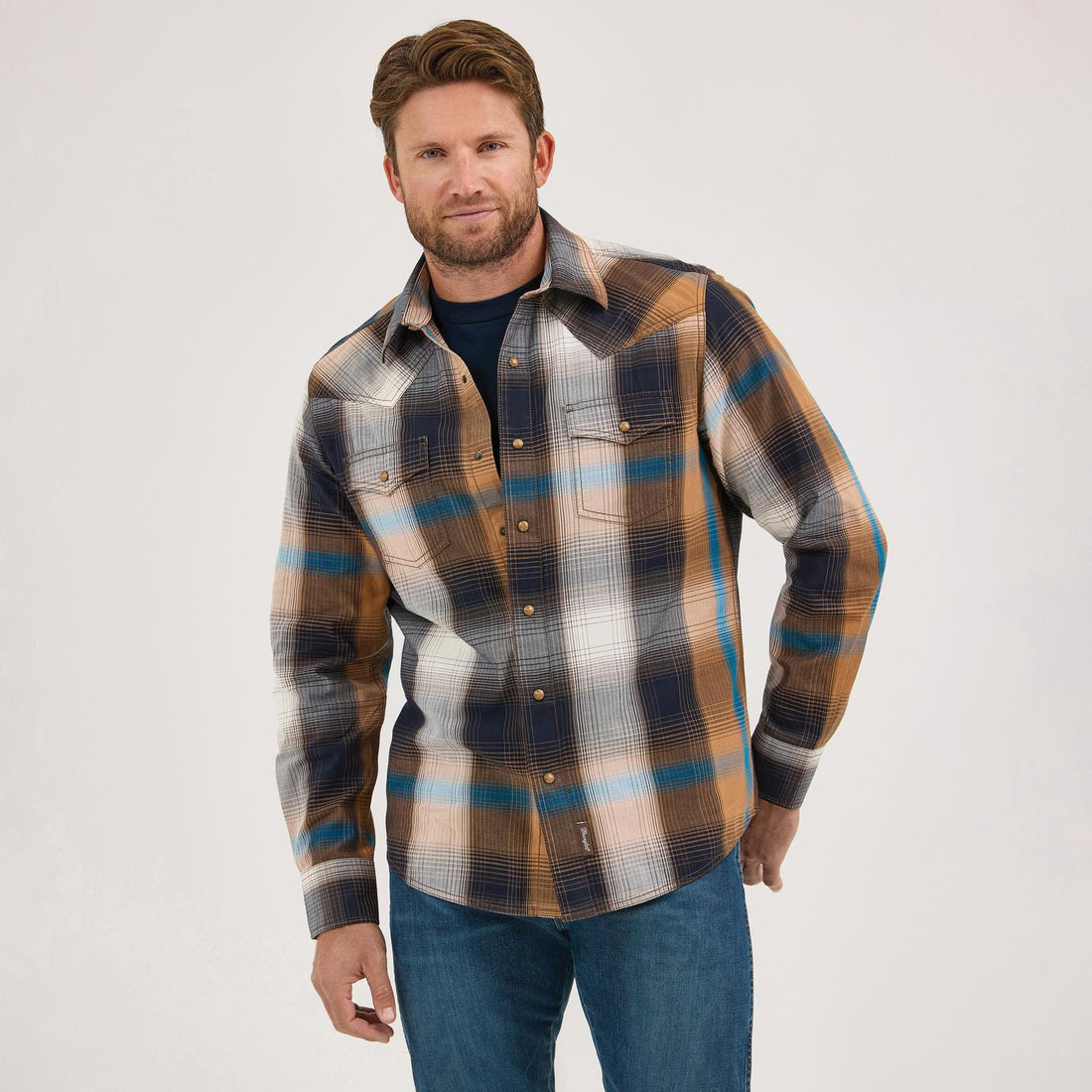 Wrangler Retro Modern-Fit Brown Multi Long Sleeve Shirt – Western Spread Collar & Snaps