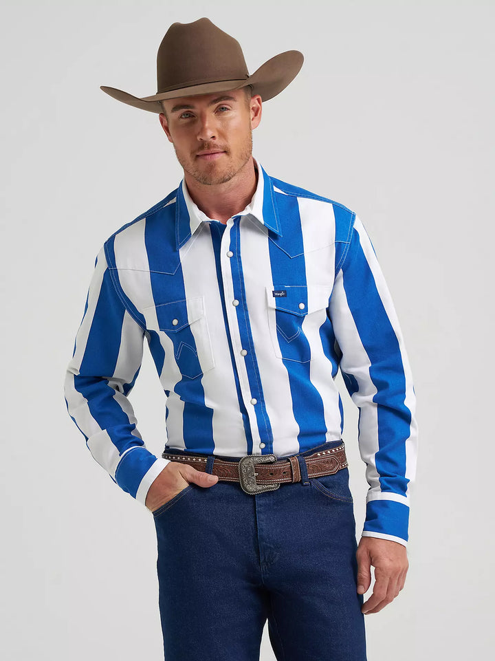 Wrangler Vintage Inspired Long Sleeve Shirt – Blue Multi Stripe | 112375917