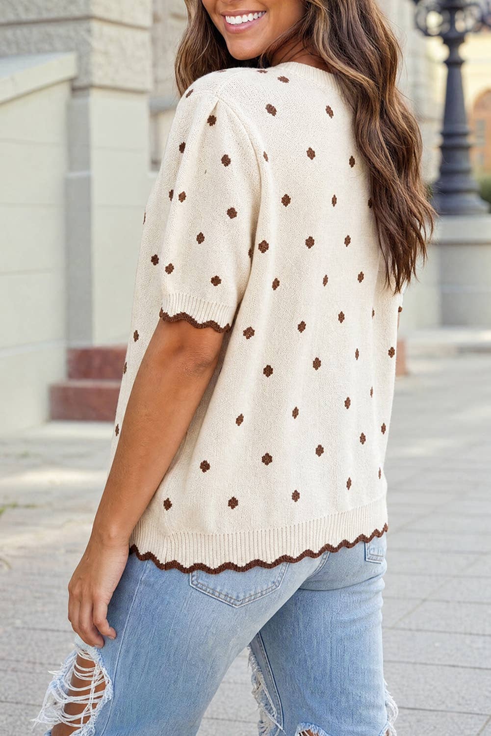 Casual Polka Dot Short Sleeve Round Neck Shift Sweater: Beige / M