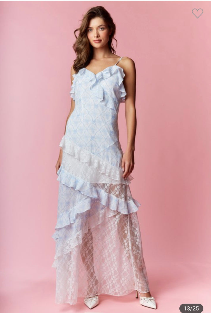 BLUE LACE RUFFLE MAXI DRESS