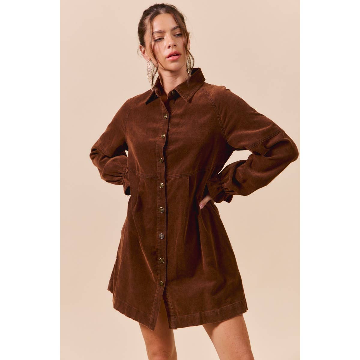 WASHED CORDUROY BUTTON DOWN SHIRT MINI DRESS: BROWN / XL