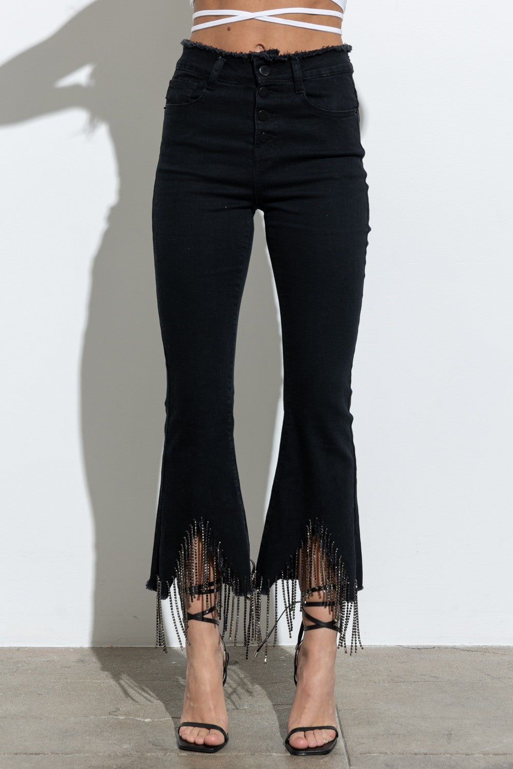 RHINESTONE FRINGE DENIM PANTS
