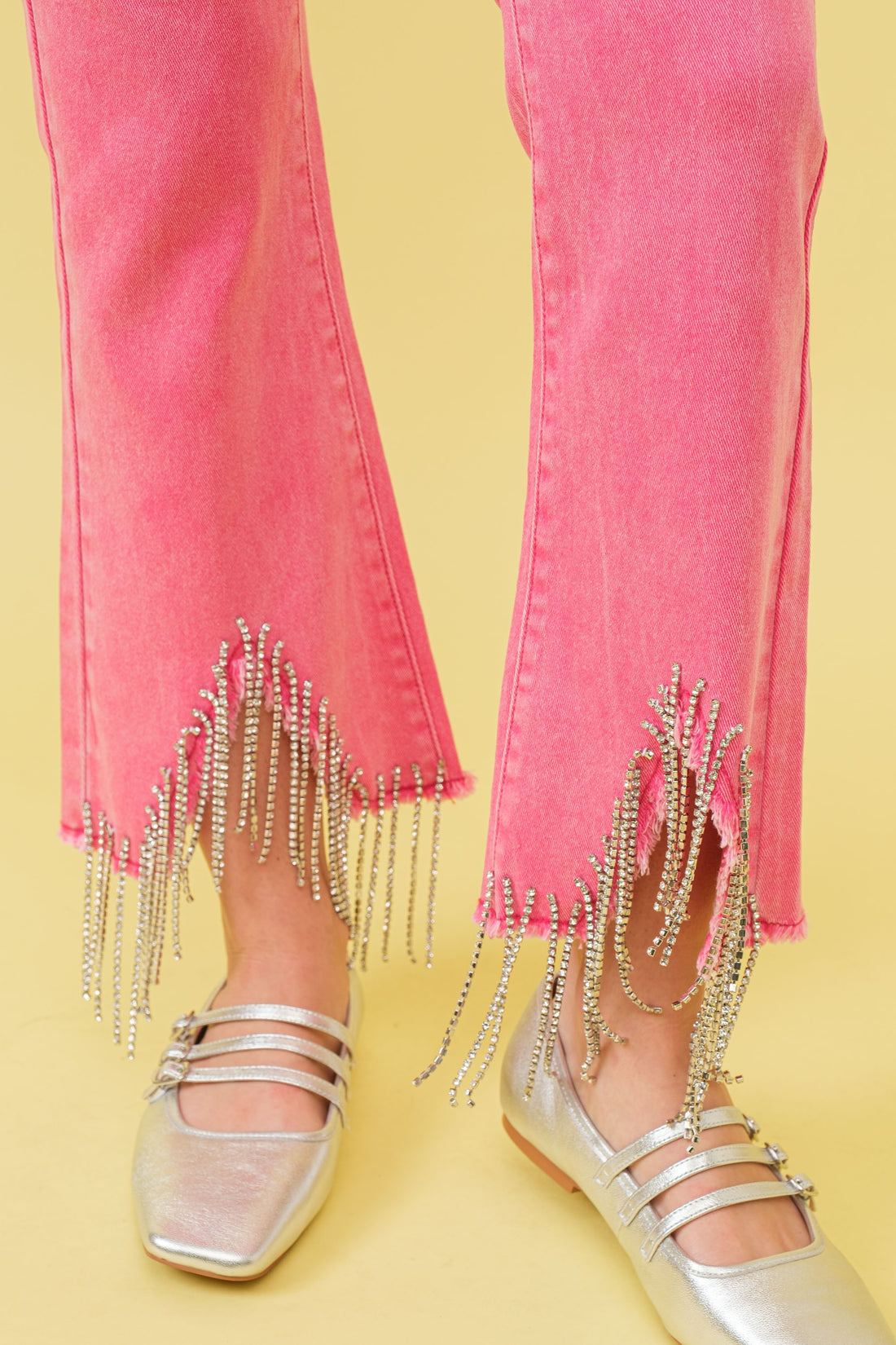 RHINESTONE FRINGE DENIM PANTS