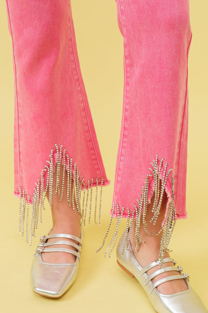 RHINESTONE FRINGE DENIM PANTS