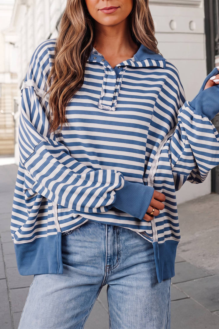 Striped Print Split Hem  Oversized Sweatshirt | S-XL : Brown / S