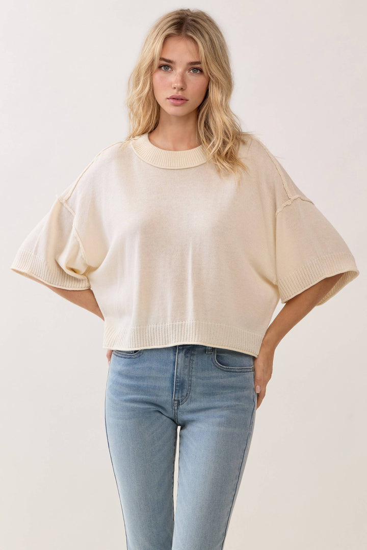 CW2649-Relaxed Fit Round Neck Short Sleeve Knit Top: CREAM / L