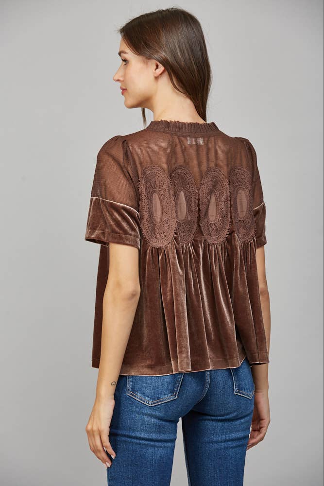 LACE DETAIL VELVET BABYDOLL TOP FT25474 : TEAL GREEN / M