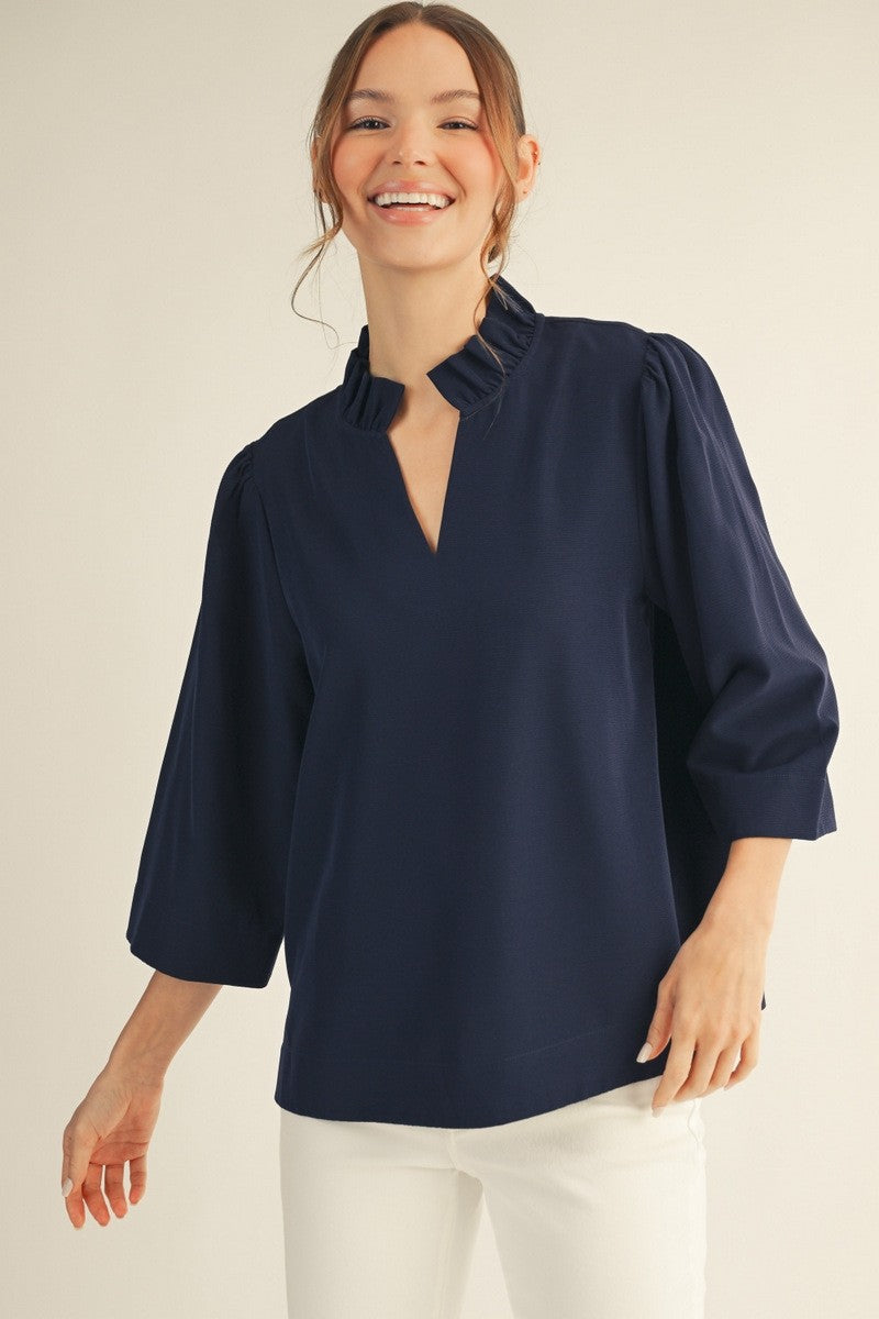 V NECK TOP WITH RUFFLE SLEEVES