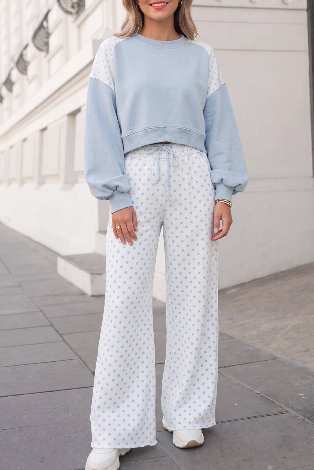 Polka Dot Print Patchwork Top 2pcs Pants Set  | S-4X: Khaki / M