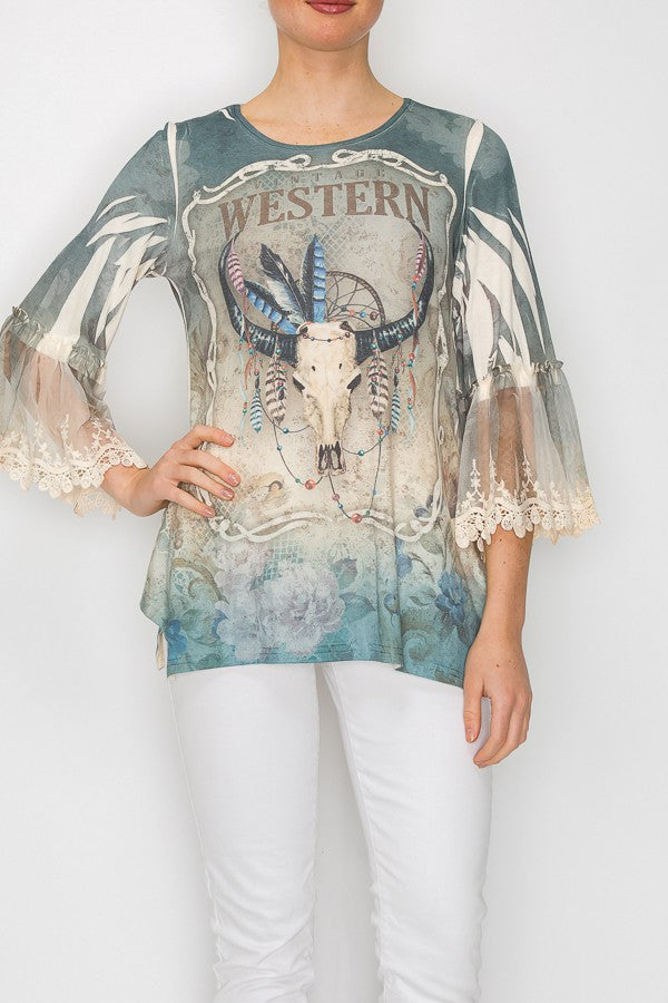 WESTERN STEER HEAD  LONG SLEEVE TOP