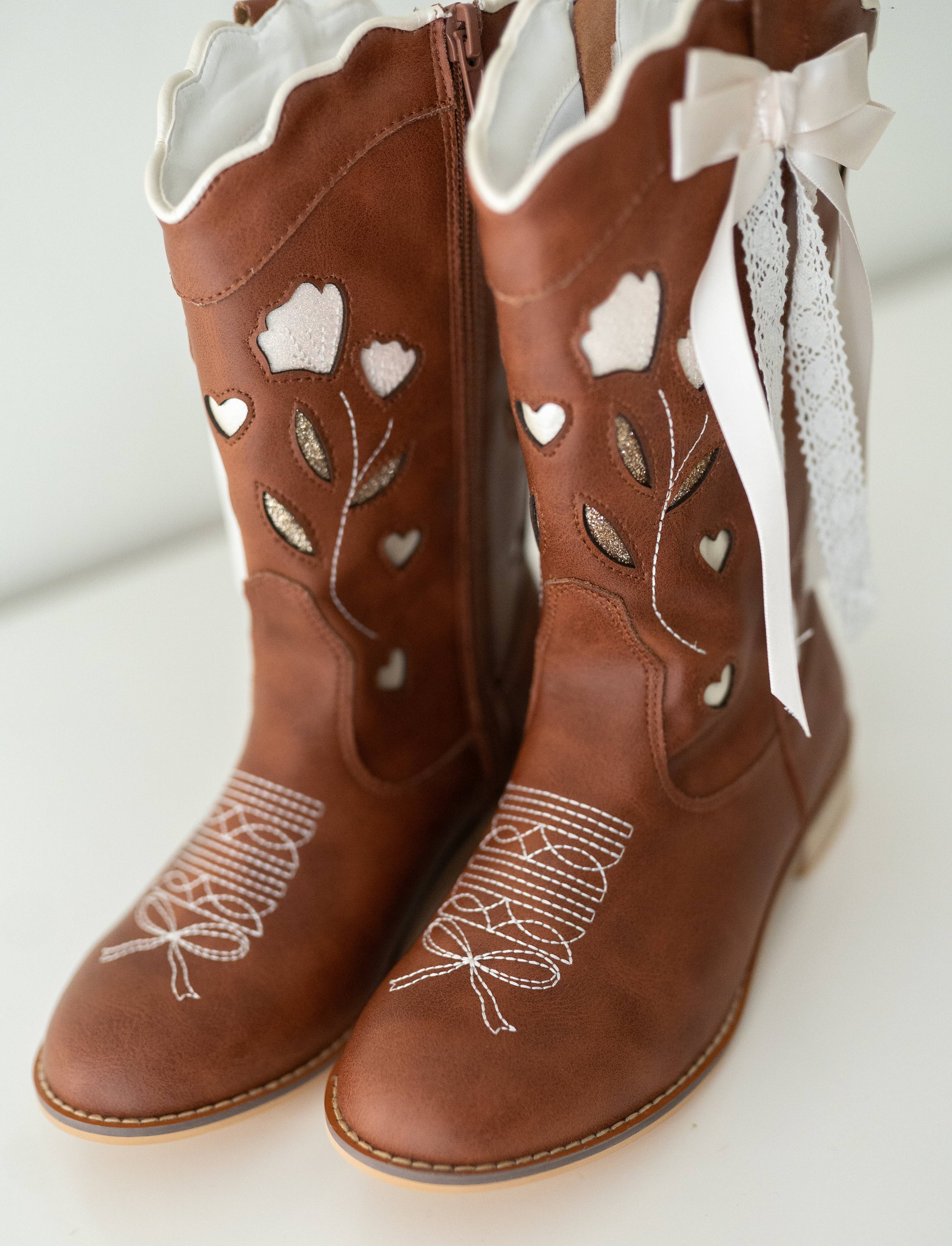 Sweetheart Bow Cowgirl Boots- Brown: 13 little kid