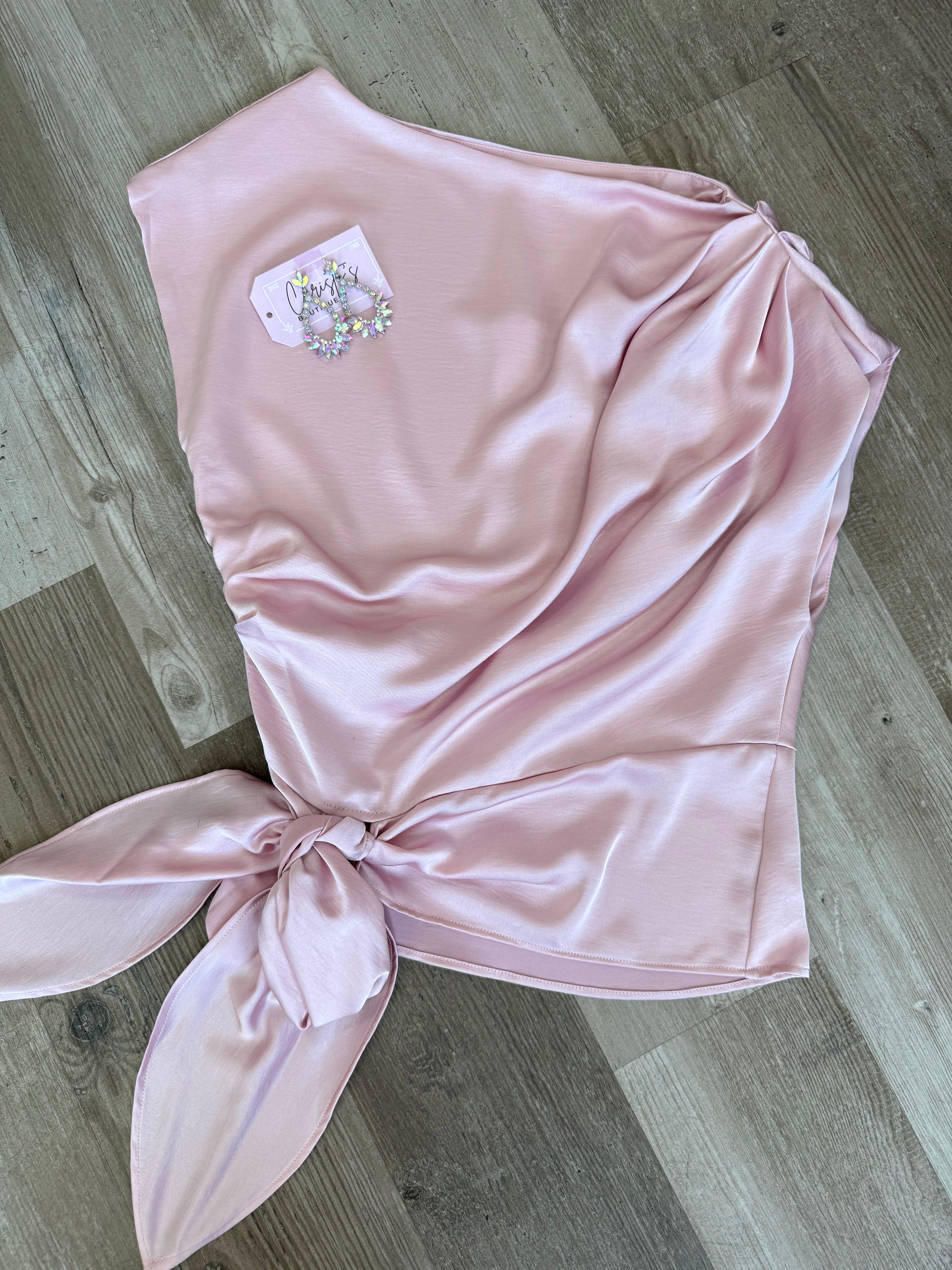 LIGHT PINK BOAT NECK WAIST TIE BLOUSE