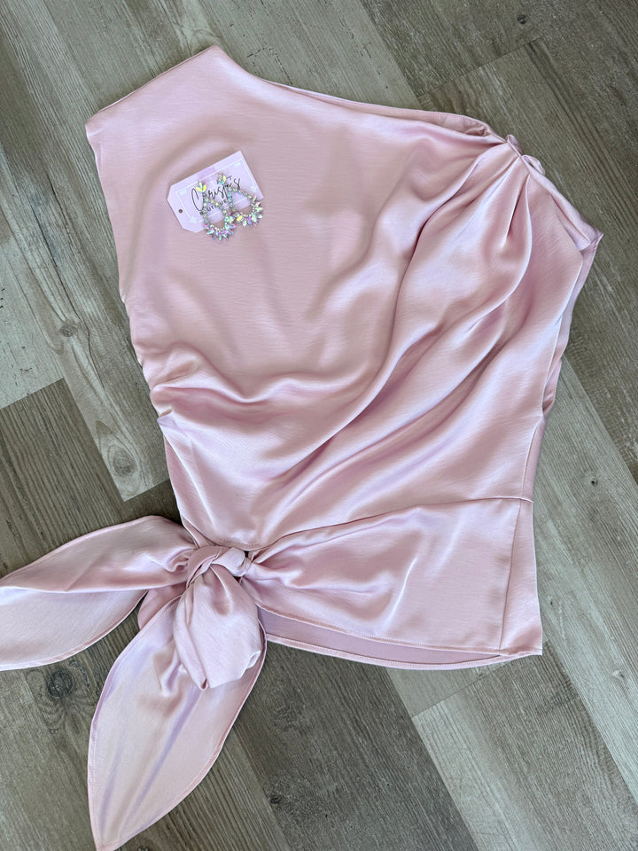 LIGHT PINK BOAT NECK WAIST TIE BLOUSE