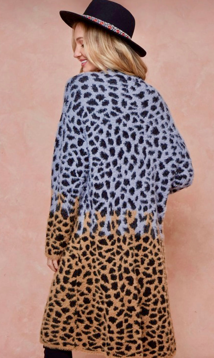 BLUE AND CAMEL CHEETA PRINT CARDIGAN