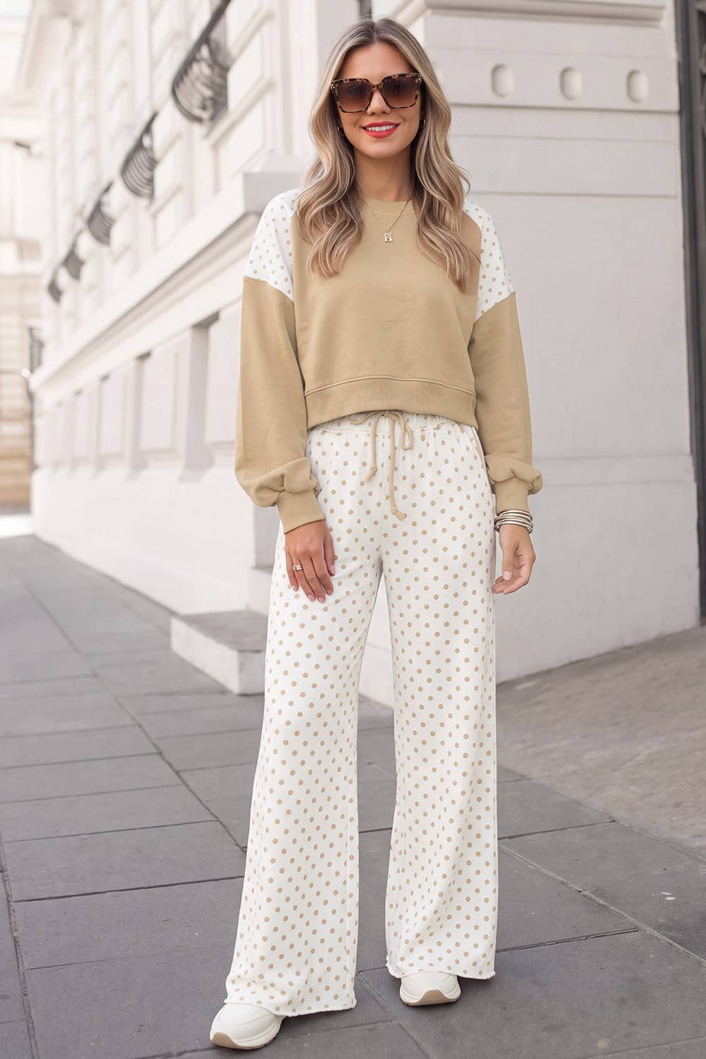 Polka Dot Print Patchwork Top 2pcs Pants Set  | S-4X: Khaki / L