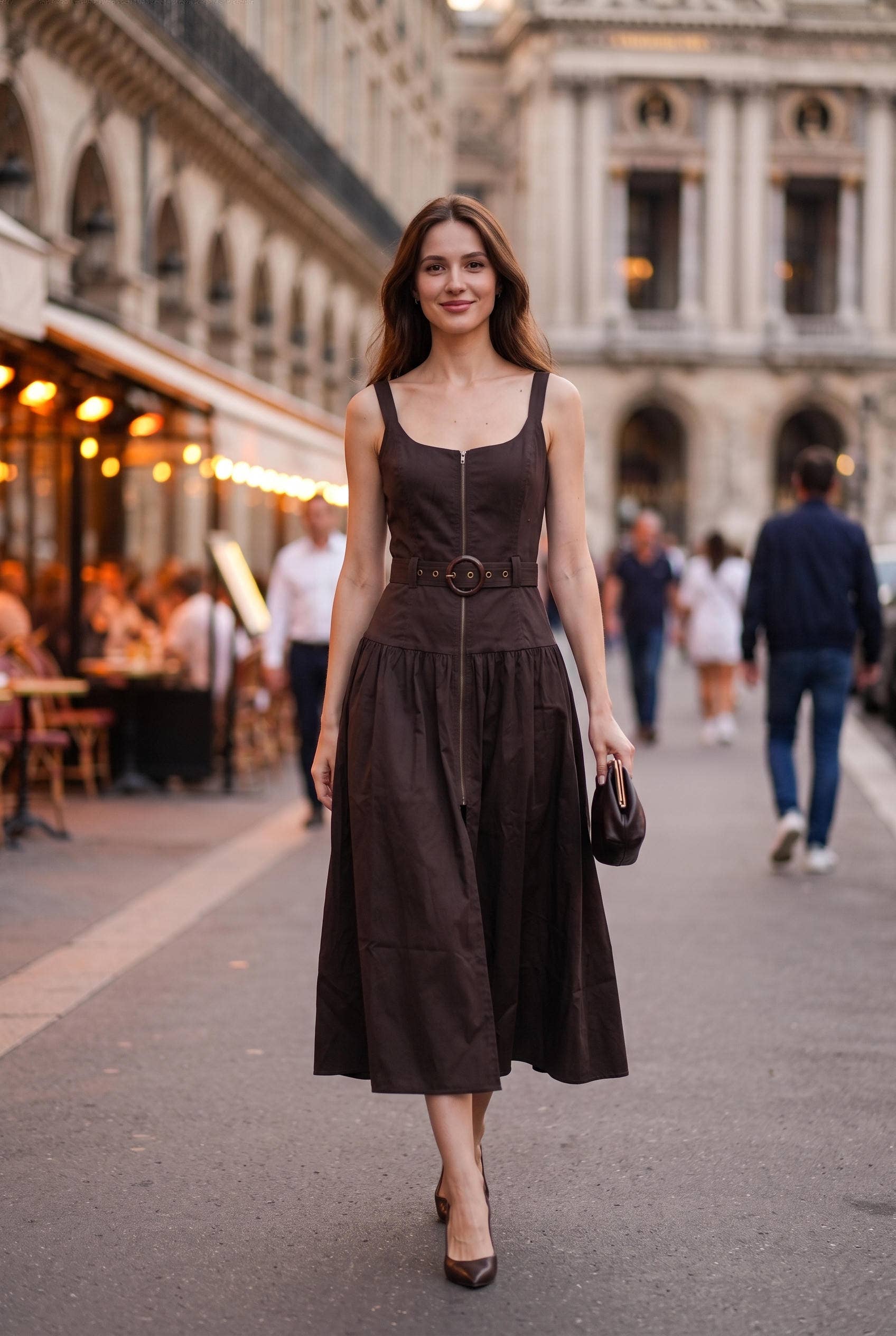 Belted Zip Front Midi Dress: RED MAHOGANY / M