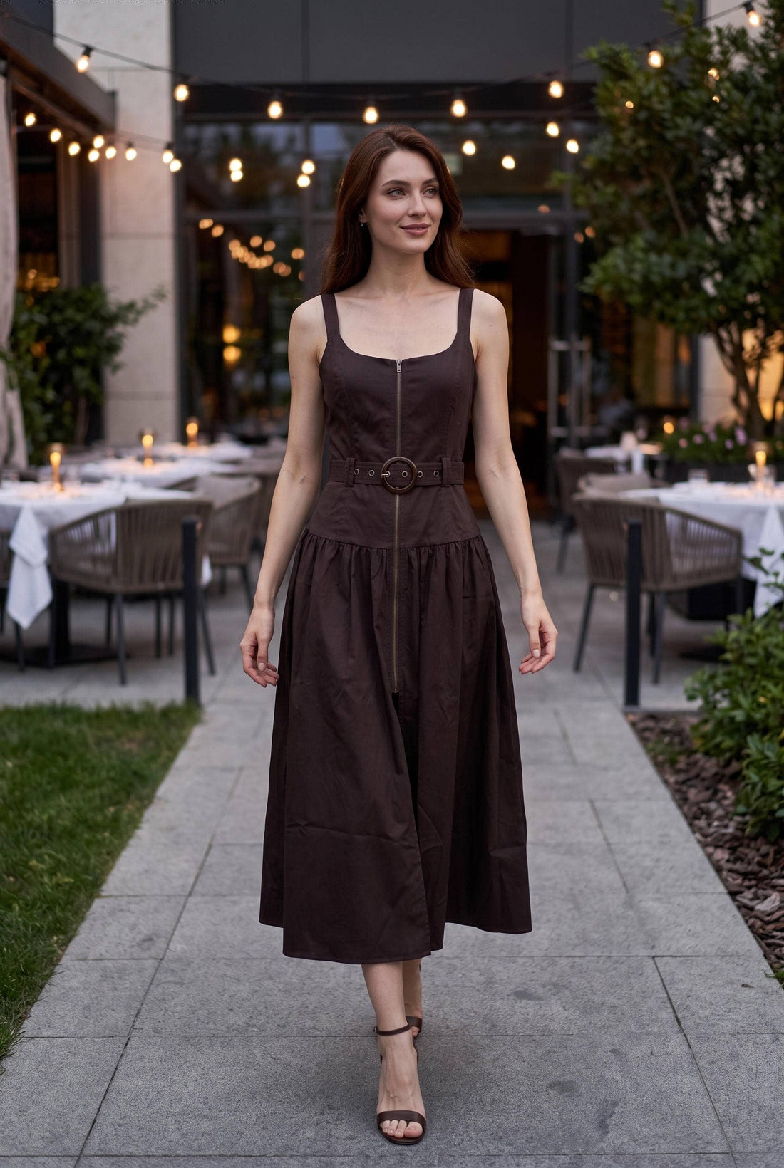 Belted Zip Front Midi Dress: RED MAHOGANY / S