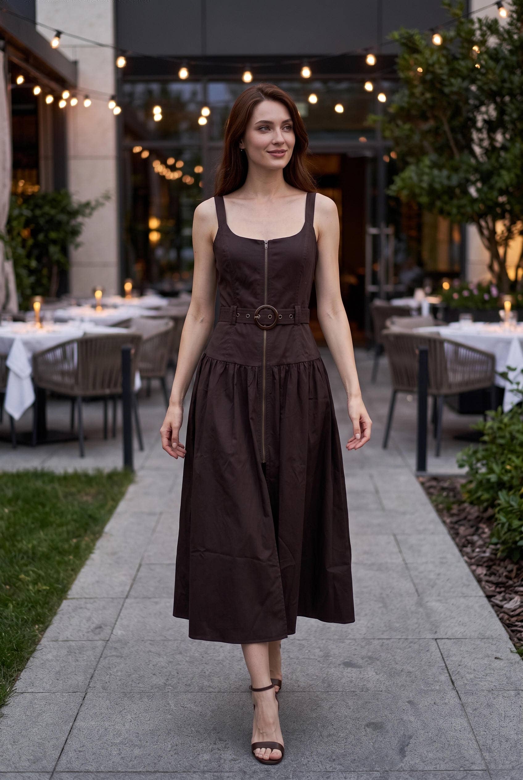 Belted Zip Front Midi Dress: RED MAHOGANY / L
