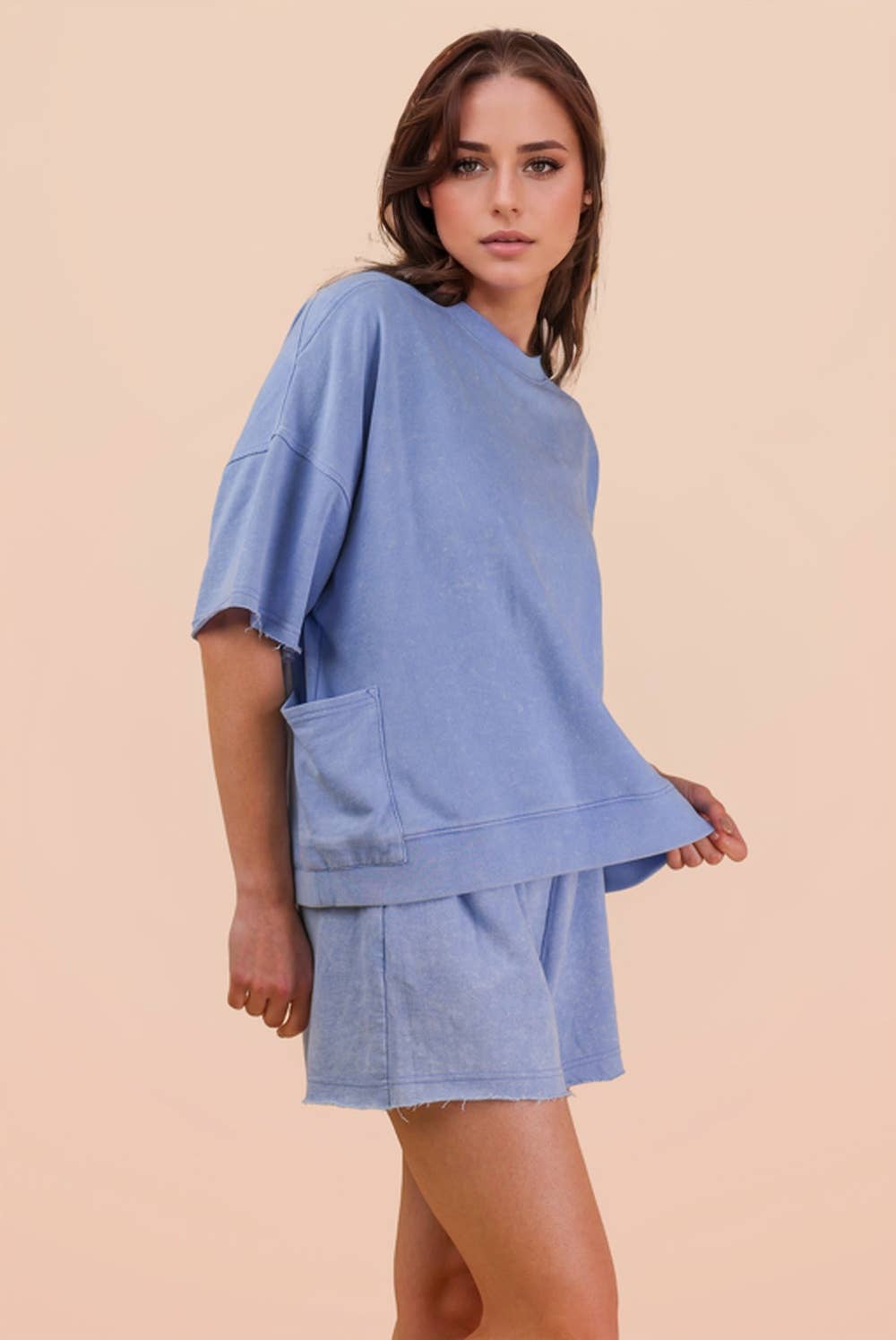 NT12429SET-Mineral Washed Knit Casual Top & Shorts: BEIGE / S-M-L/2-2-2