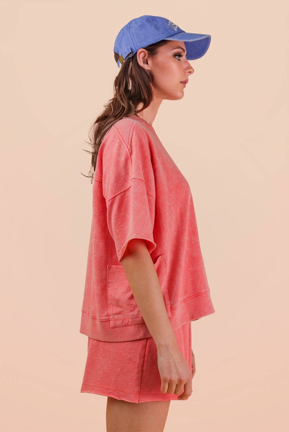NT12429SET-Mineral Washed Knit Casual Top & Shorts: BEIGE / S-M-L/2-2-2