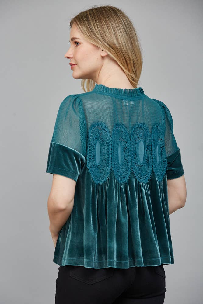LACE DETAIL VELVET BABYDOLL TOP FT25474 : TEAL GREEN / M