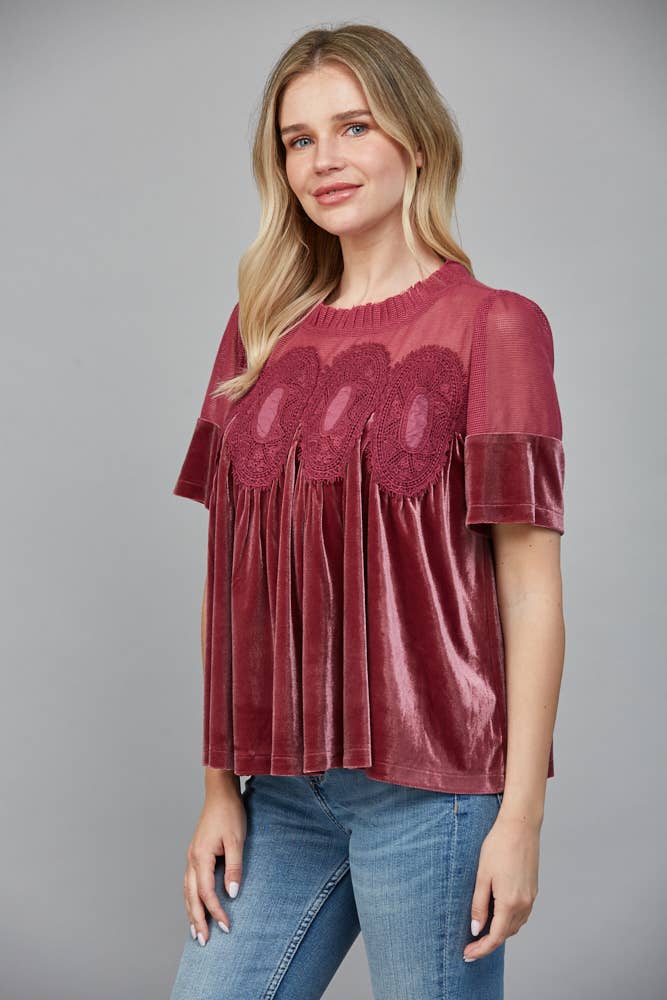 LACE DETAIL VELVET BABYDOLL TOP FT25474 : TEAL GREEN / M