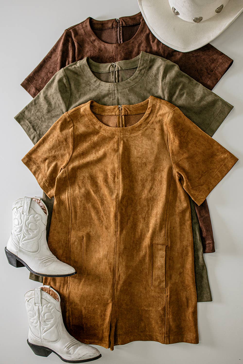 NP71107-Suede Short Sleeve Romper: CAMEL / S-M-L/2-2-2