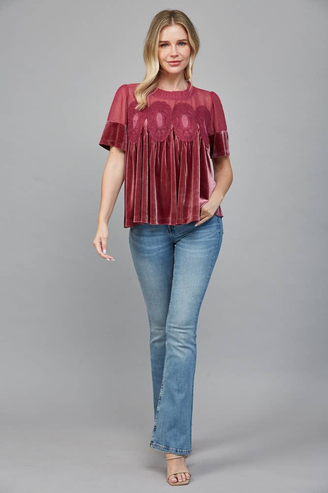 LACE DETAIL VELVET BABYDOLL TOP FT25474 : TEAL GREEN / M