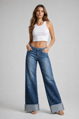 LOW RISE RHINESTONE DENIM JEANS