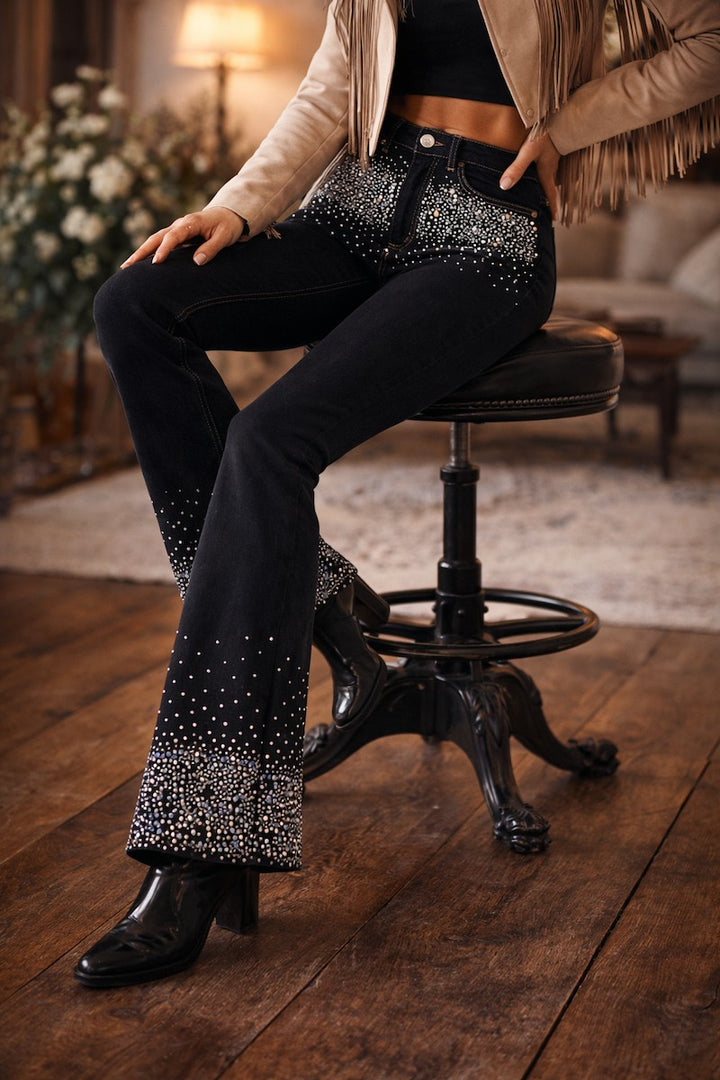 RHINESTONE BOOT CUT BLACK DENIM JEANS