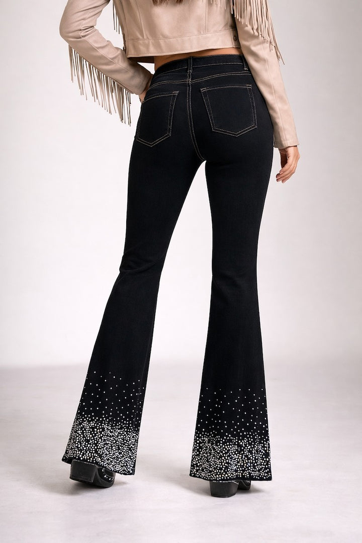 RHINESTONE BOOT CUT BLACK DENIM JEANS