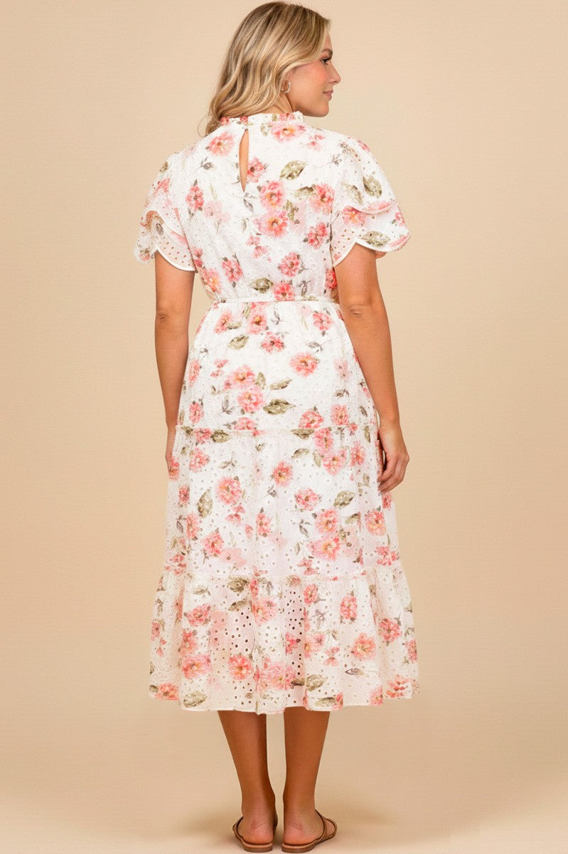 FLORAL LACE EYELET RUFFLE DRESS