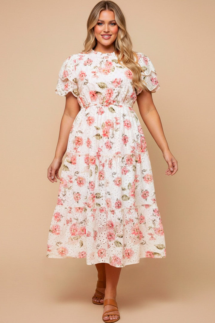 FLORAL LACE EYELET RUFFLE DRESS