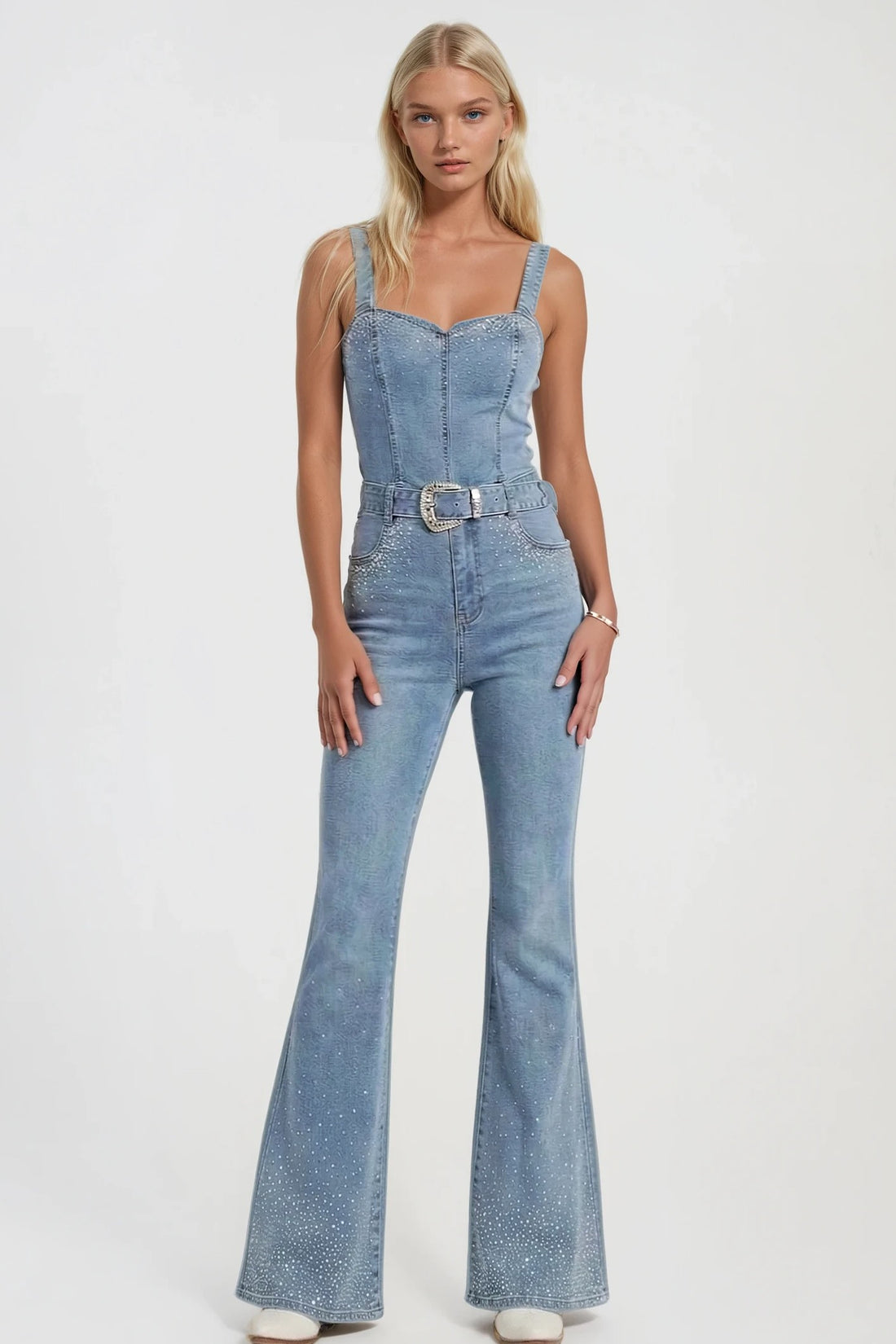 Rhinestone Detailed Denim Jumpsuit