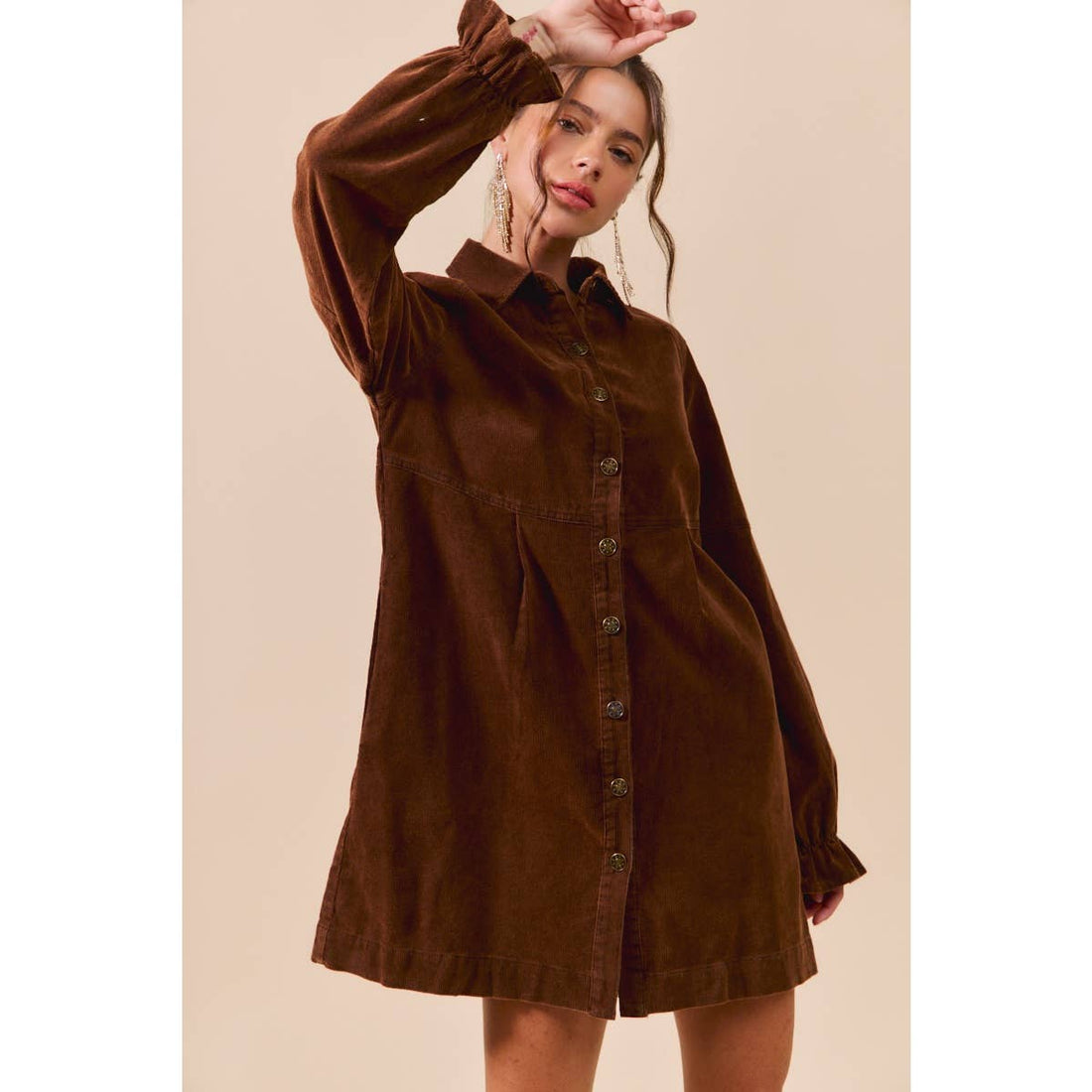 WASHED CORDUROY BUTTON DOWN SHIRT MINI DRESS: BROWN / L