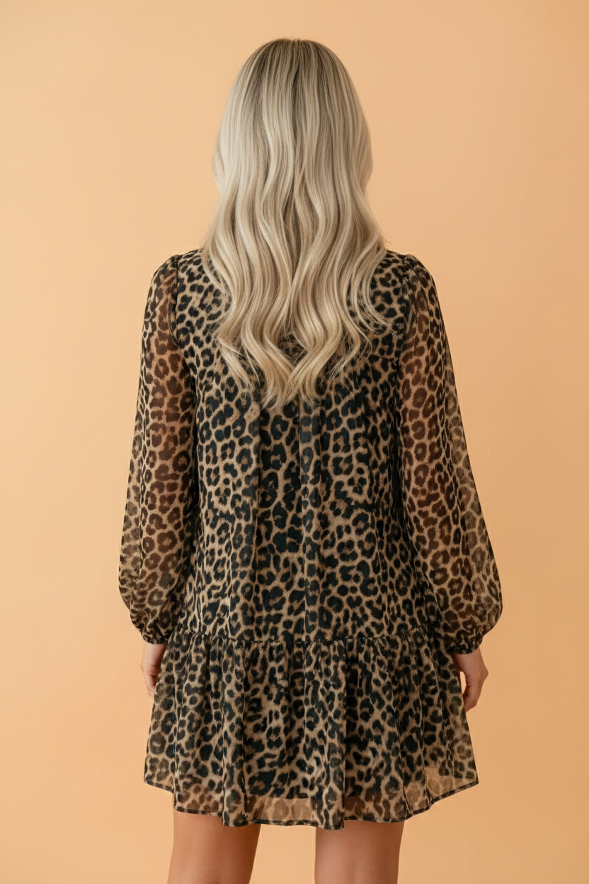 PRETTY BASH Leopard Long Sleeve Shift Mini Dress: Brown / L