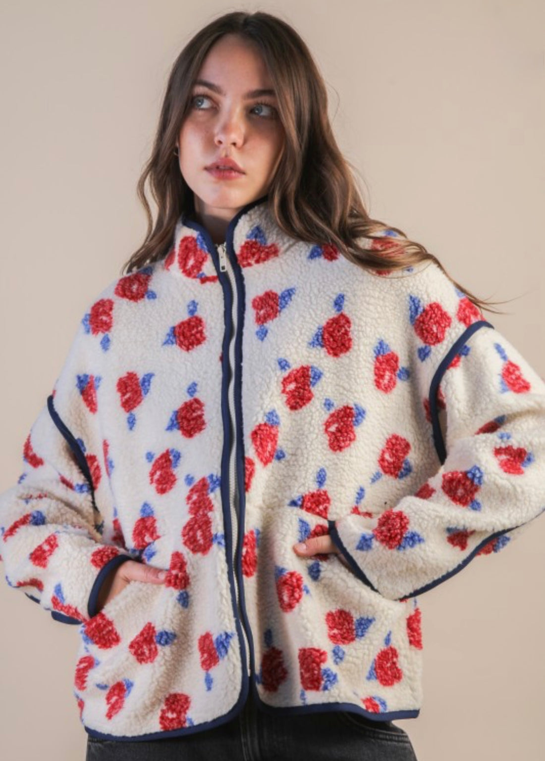 IVORY SHERPA JACKET WITH FLOWER PRINT